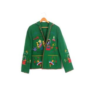 Vintage 1950s Jacket Green Mexican Embroidery Tourist Souvenir Folk Art Coat